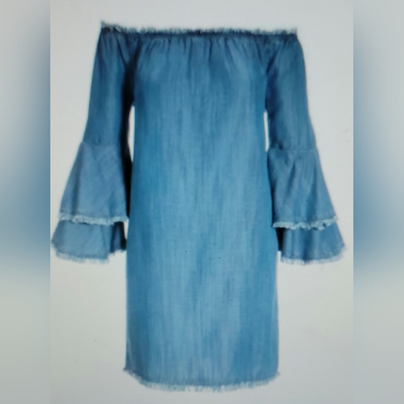 Boston Proper Tencel Off the Shoulder Dress in medium wash XS - Picture 2 of 3